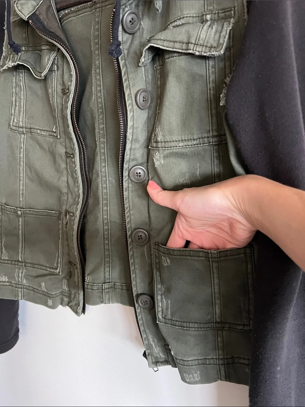 Free People Olive Green Moto Jacket with Black Hoodie and Sleeves